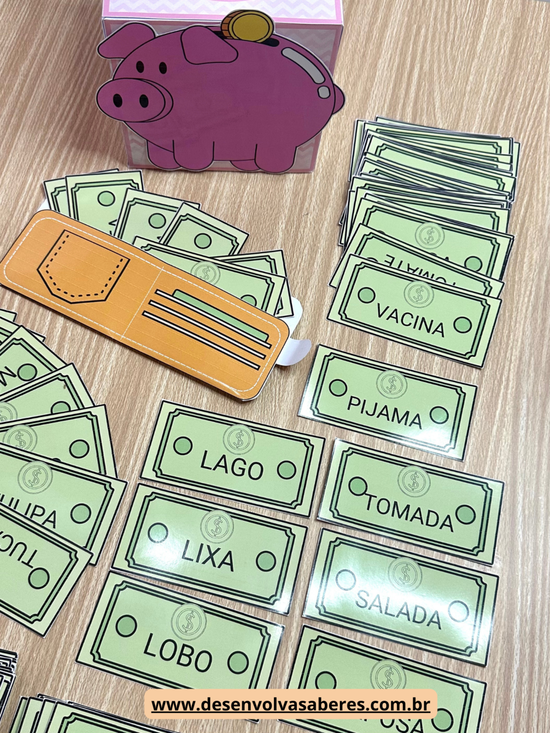Recurso Leitura Valiosa: 130 fichas com palavras de sílabas simples+carteira para utilizar com as notas e a caixa Cofrinho. - Image 2